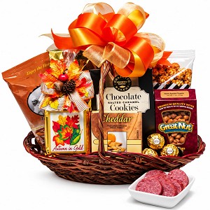 Autumn Fireside gourmet gift basket filled with sweet and savory fall treats 