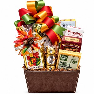 Fall Gourmet Delights gift basket with gourmet snacks, cheese, chocolates, pretzels and autumn decorations 