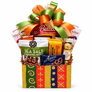 Autumn Chocolate Delights fall gift basket with gourmet chocolates, biscotti, chocolate popcorn and gold accents 