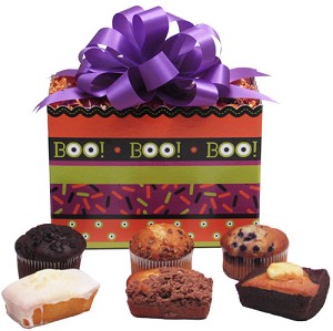 Halloween themed cakes and muffins gift basket that also includes danishes, coffee, tea, and cocoa 
