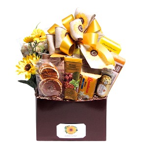 Sunflower Wishes gourmet gift basket with cheese, popcorn, cookies, chocolates and sunflower accents 